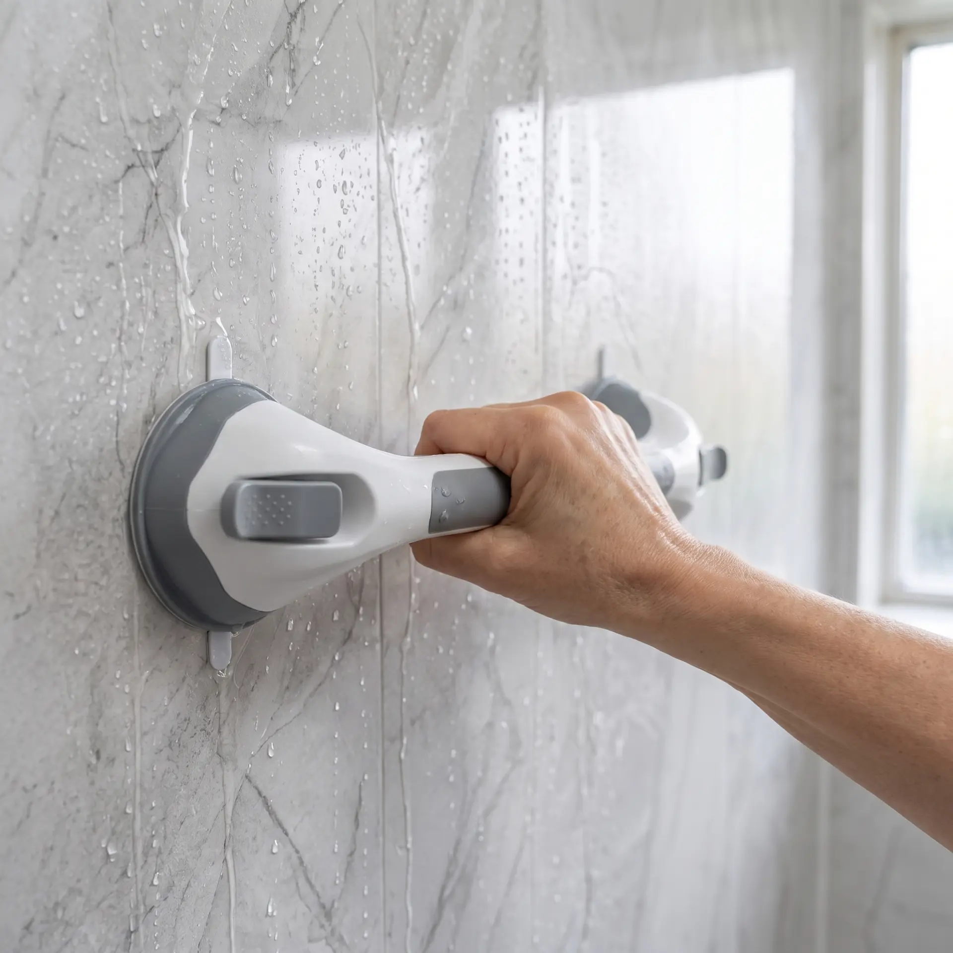 Hand gripping the suction shower grab bar on a wet marble wall