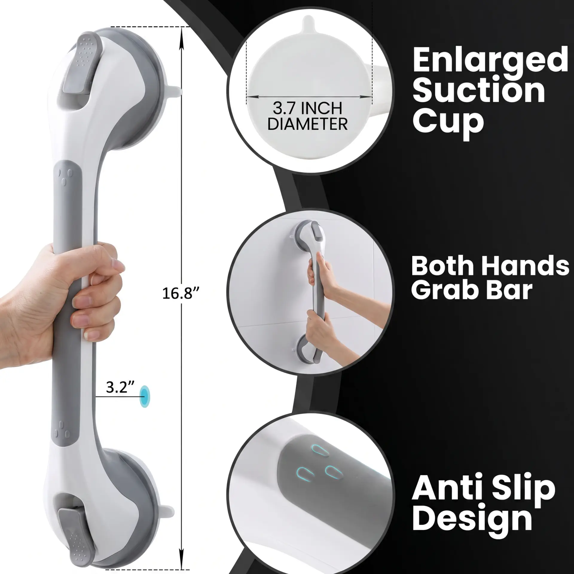 Dimensions: 16.8 inch bar with 3.7 inch enlarged suction cups