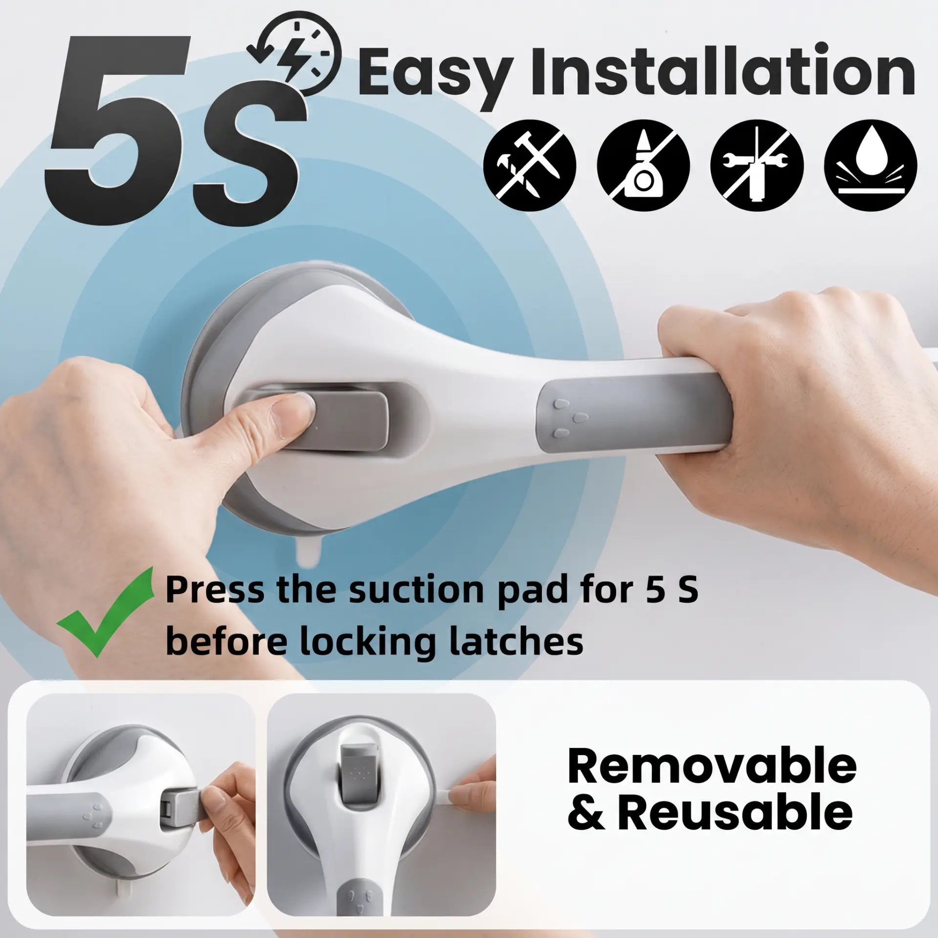 Five second installation: press the suction pad, then lock the latches